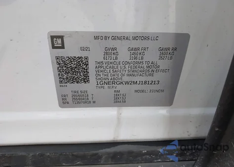 2021 Chevrolet Traverse Fwd Lt Cloth из США, поврежденный, VIN 1GNERGKW2MJ181213